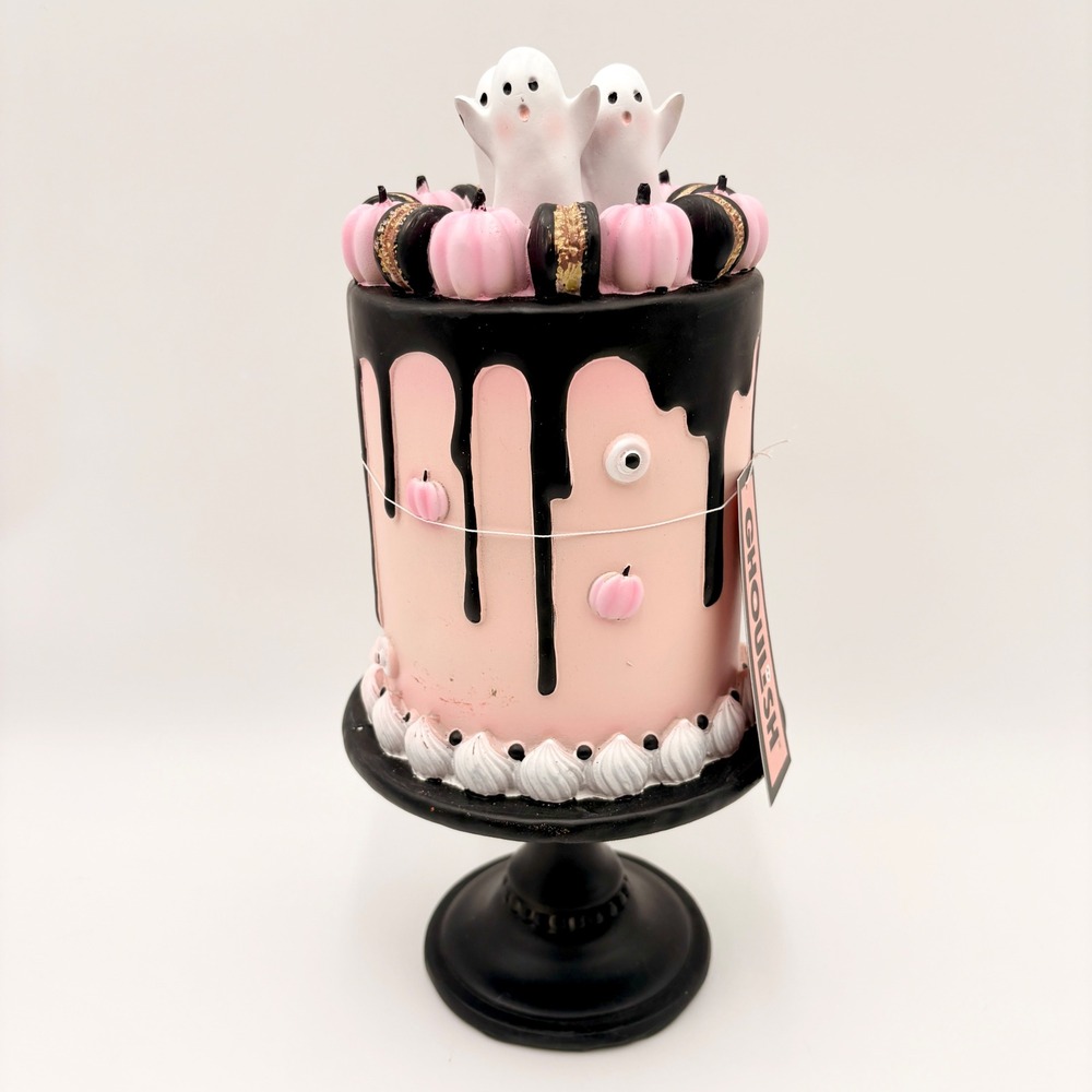Ghoulish Pink Halloween Ghost Cake Figurine Black Drip Pedestal Decor Summerween